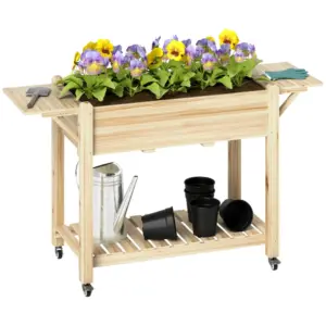 Best 46 x 94cm Wooden Raised Planter, with Shelves - Natural Finish