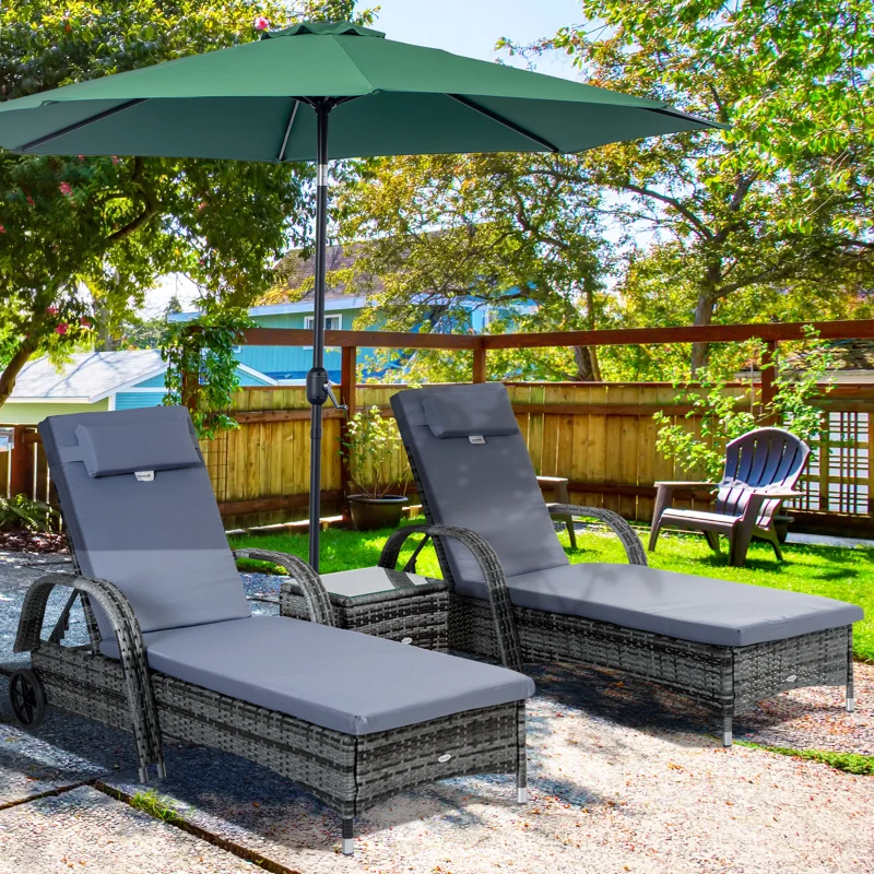 Best 3 Pieces Rattan Sun Loungers, Garden Wicker Wheeling Recliner , PE Rattan Lounge Chairs w/ Cushions & Side Coffee Table Grey - Image 2