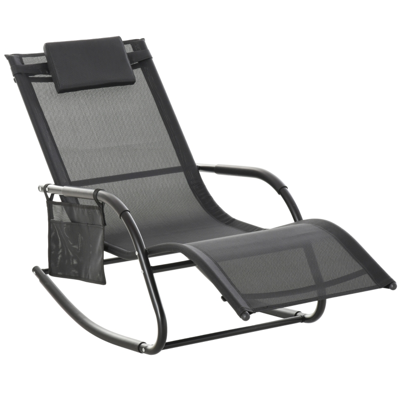 Best Outdoor Garden Rocking Chair, Patio Sun Lounger Rocker Chair with Breathable Mesh Fabric, Removable Headrest Pillow, Armrest, Side Storage Bag, Black - Image 11