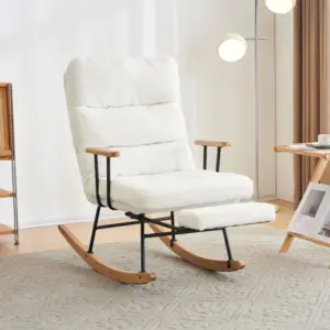 Fabric Tufted Boucle Armchair with Metal Legs, Wooden Base, High Back Rocking Chair for Living Room, Bedroom, 63.5x102x100 cm, White