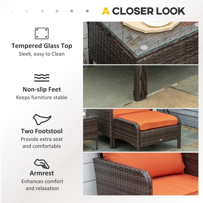 Best 5 Pieces PE Rattan Garden Furniture Set with 10cm Thick Padded Cushions, Wicker Weave Outdoor Seating Chairs with 2 Armchairs, 2 Stools, Glass Top Table, Brown - Image 6