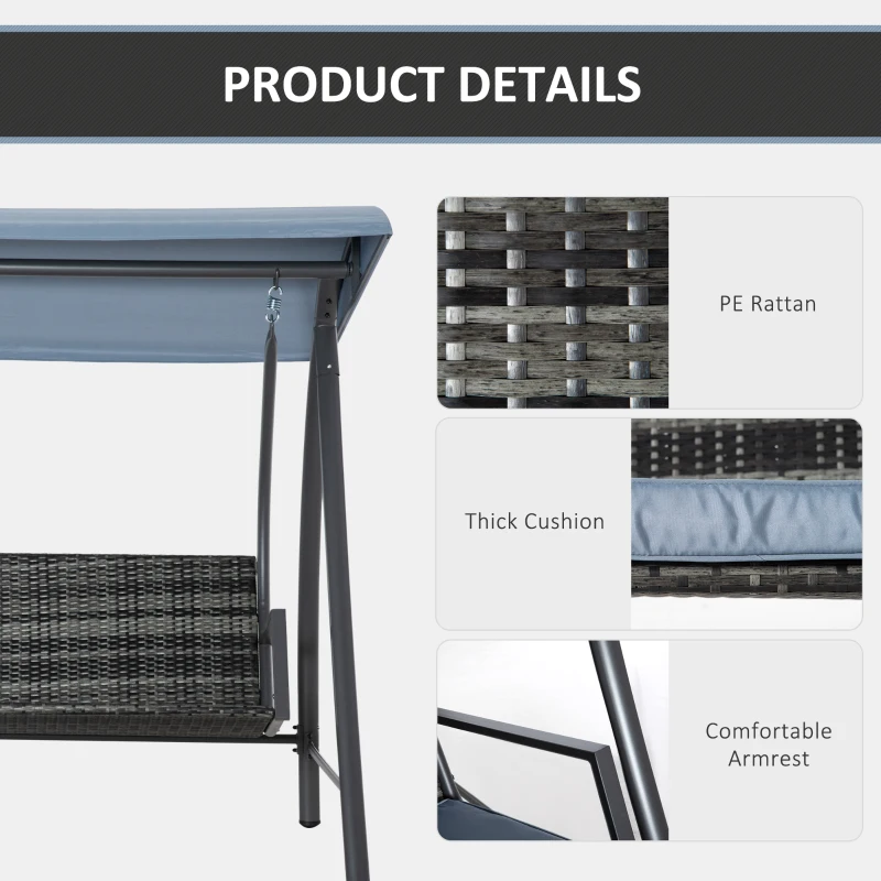 Best 2-3 Seater Outdoor Garden Rattan Swing Chair with Adjustable Canopy Removable Cushion Hammock Seater Bench Bed Lounger, Mixed Grey - Image 6