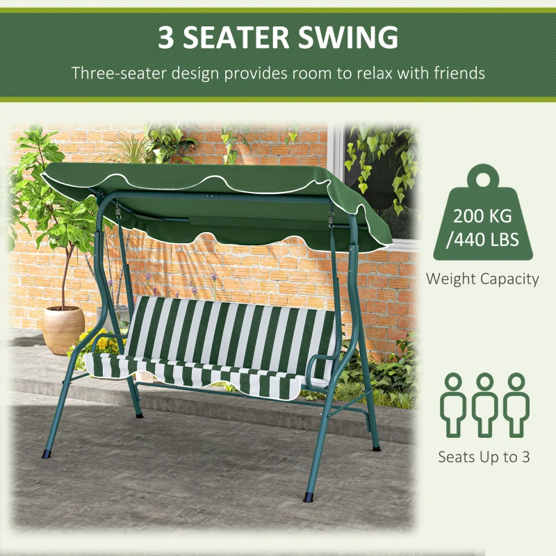 Best 3 Seater Garden Swing Seat Chair Outdoor Bench with Adjustable Canopy and Metal Frame, Green Stripes - Image 6