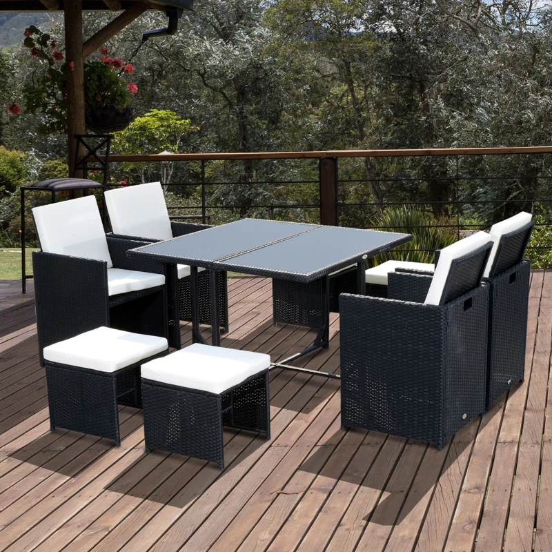 Best 8 Seater Rattan Cube Garden Furniture Set, Rattan Dining Set with Cushions, Outdoor Dining Table and Chairs with 4 Armchairs, 4 Stools, Square Glass Top Table, Black - Image 2