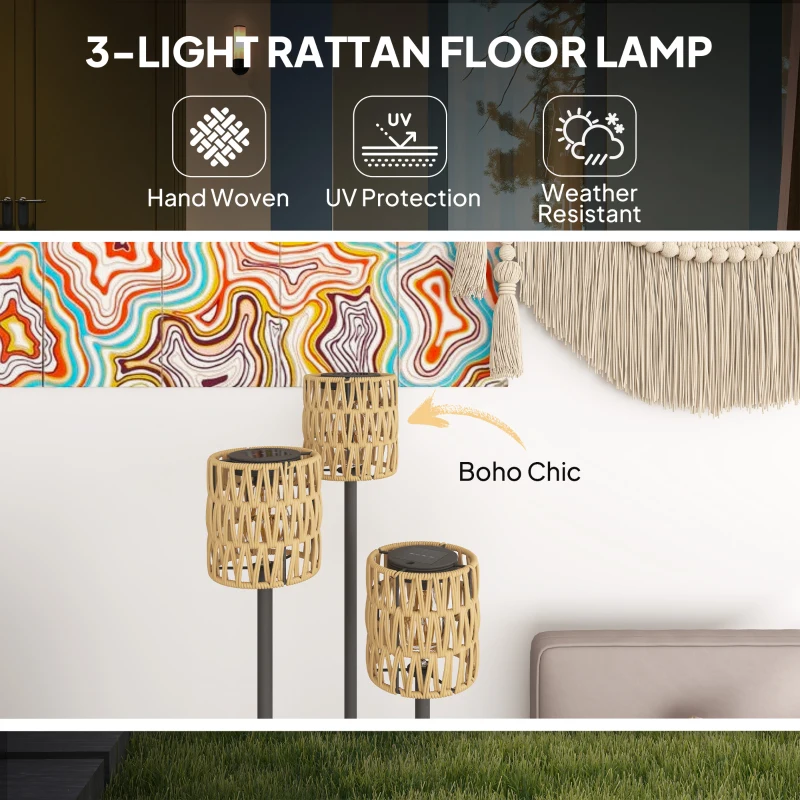 Best Boho Rattan Floor Lamp, 3-Lights Rattan Lamp with Shelf, Freestanding Solar Garden Light with Auto On/Off Lights, IP44 Waterproof for Porch, Pathway, Deck, Yellow - Image 4