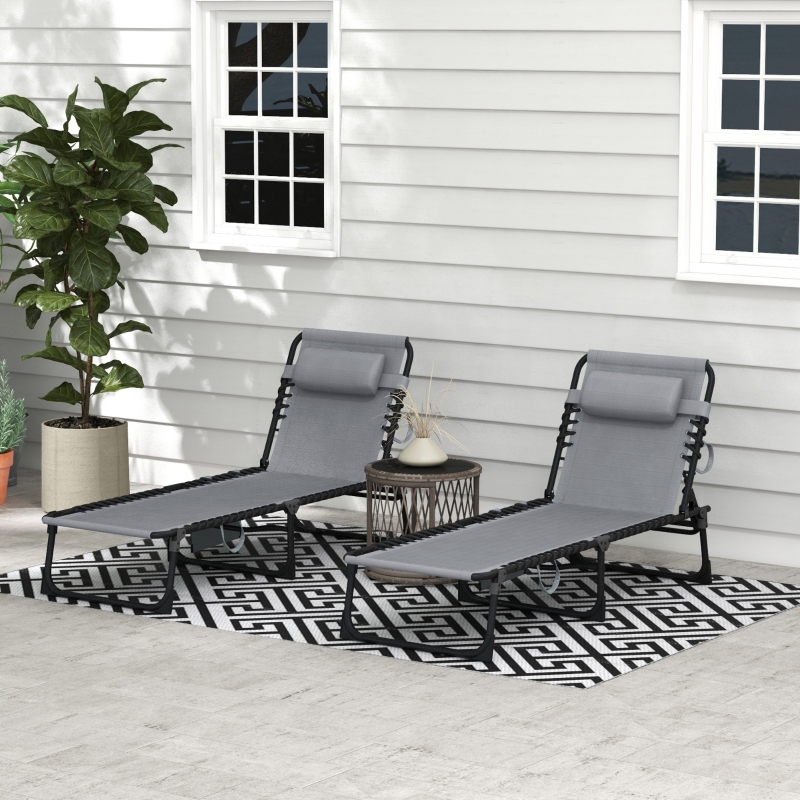 Best Portable Sun Lounger Set of 2, Folding Camping Bed Cot, Reclining Lounge Chair 5-position Adjustable Backrest with Side Pocket, Pillow for Patio Garden Beach Pool, Grey - Image 10