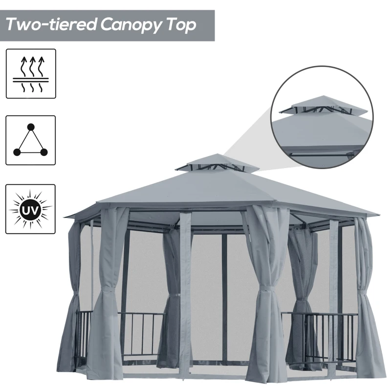 Best 3 x 3(m) Hexagon Gazebo Patio Canopy Party Tent Outdoor Garden Shelter w/ 2 Tier Roof & Side Panel - Grey - Image 4