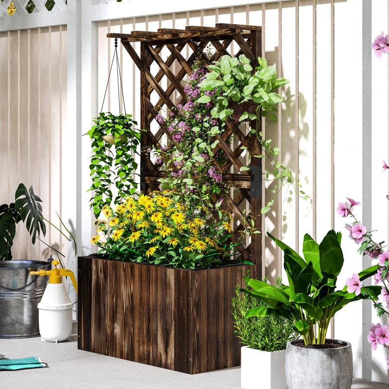 Best Wooden Planter with Trellis, Freestanding Raised Garden Bed with Drainage Holes, Outdoor Planter Box with Liner for Vegetables, Herbs and Flowers, Carbonised - Image 7