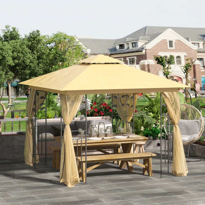 Best 3(m) x 3(m) Garden Gazebo, Double Roof Outdoor Gazebo Canopy Shelter with Netting, Solid Steel Frame, for Garden, Lawn and Deck, Beige - Image 2