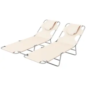 Best Foldable Sun Lounger Set of 2, Beach Chaise Lounges with Reading Hole, Arm Slots, 5-Position Adjustable Backrest, Side Pocket, Pillow for Patio, Garden, Beach, Pool, Beige