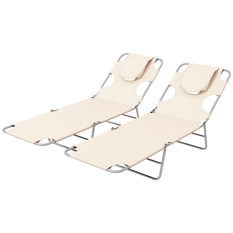 Best Foldable Sun Lounger Set of 2, Beach Chaise Lounges with Reading Hole, Arm Slots, 5-Position Adjustable Backrest, Side Pocket, Pillow for Patio, Garden, Beach, Pool, Beige