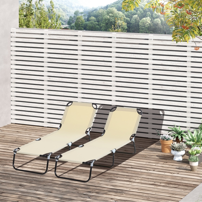 Best 2 Piece Foldable Sun Loungers with 5-Position Adjustable Backrest, Outdoor Portable Recliner Chaise Lounge Chairs with Breathable Mesh Fabric, Beige - Image 10