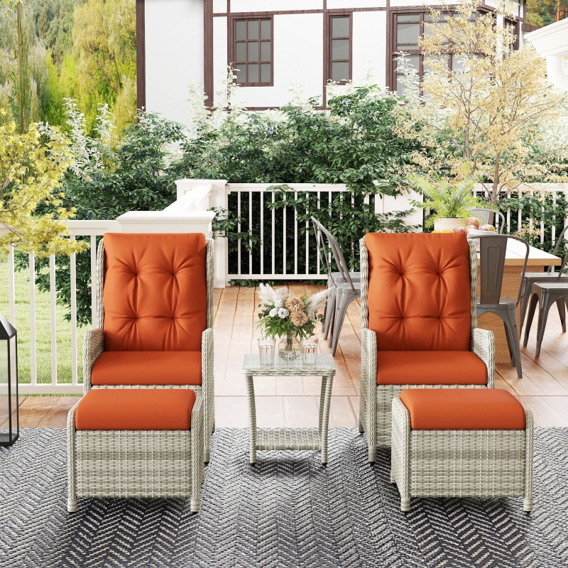 Best 5 Pieces Rattan Bistro Set with Adjustable Back, Reclining Wicker Balcony Furniture with Cushions, Glass Top Coffee Table and Footstools, Outdoor Table and Chairs, Orange - Image 9