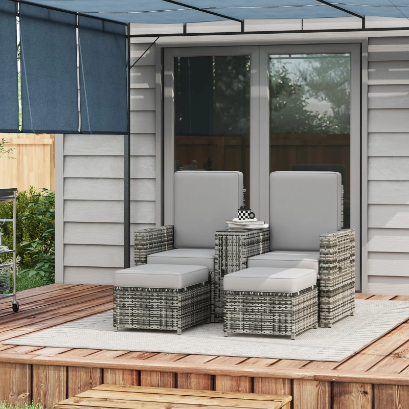 Best Rattan Sun Lounger w/ Storage Tea Table & Footstools, Grey - Image 2