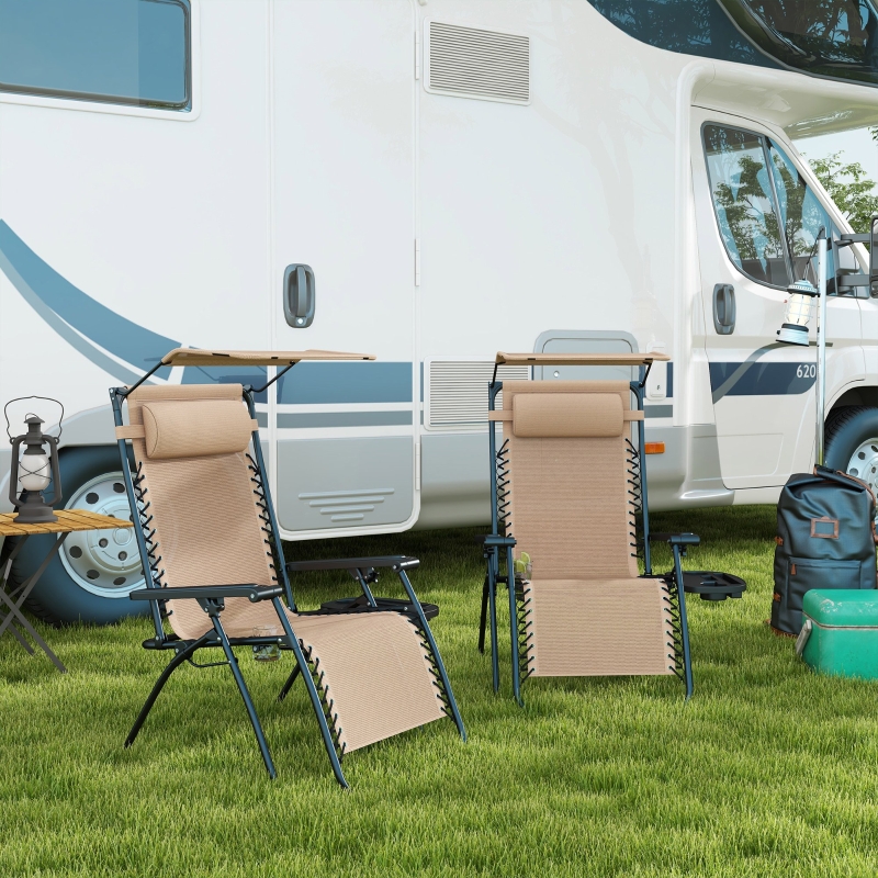 Best 2 Piece Foldable Reclining Garden Chair with Headrest, Zero Gravity Deck Sun Lounger Seat Chair with Footrest, Armrest, Cup Holder & Canopy Shade, Beige - Image 10