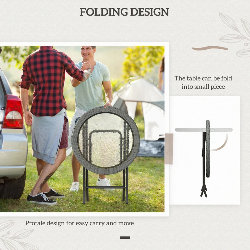 Best Folding Rattan Garden Dining Table, 68 cm Round Rattan Garden Table with Water Ripple Tempered Glass Top, Wicker Edging and Steel Frame for Outdoor, Patio, Grey - Image 5