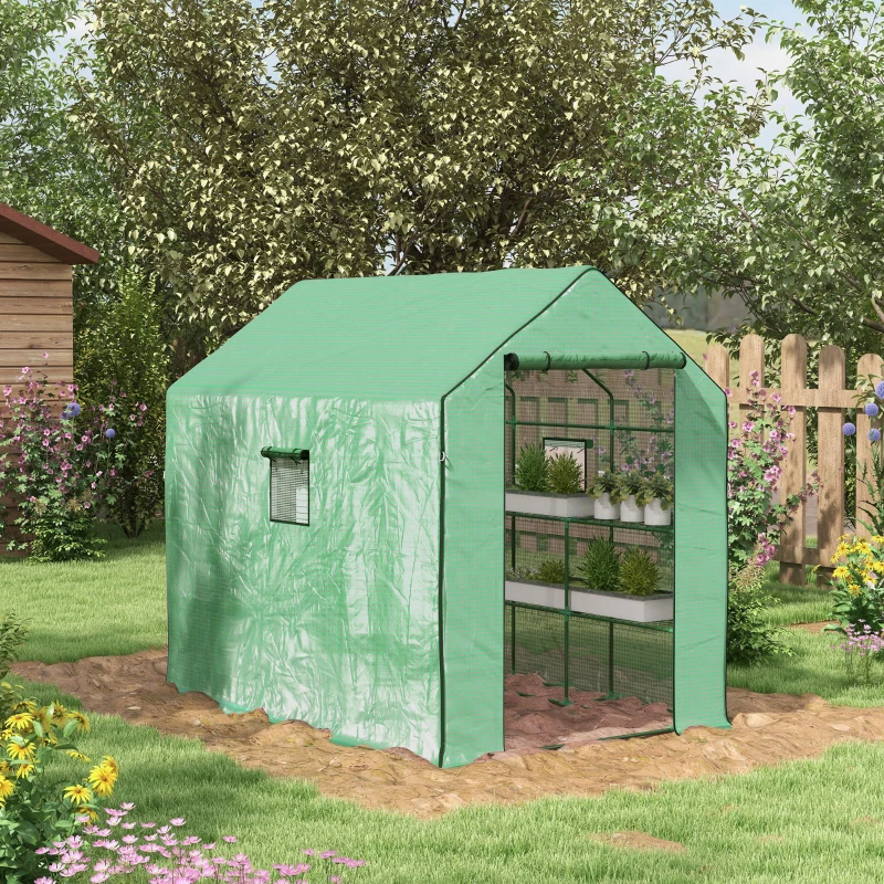 Best Walk-in Greenhouse with 3 Tier 12 Shelves, Small Greenhouse with Reinforced PE Cover, Garden Plant Growhouse with Roll-up Door and Three Mesh Windows, 140 x 213 x 190 cm, Green - Image 2