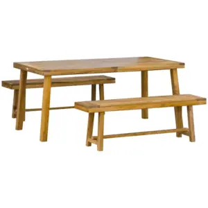 Best 3 Pieces Picnic Bench Set with Table and 2 Benches, Acacia wood Dining Trestle Beer Table and Seat, Natural Wood Finish