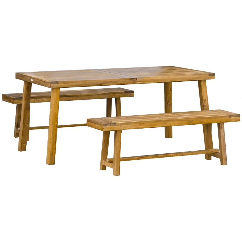 Best 3 Pieces Picnic Bench Set with Table and 2 Benches, Acacia wood Dining Trestle Beer Table and Seat, Natural Wood Finish