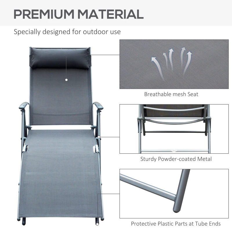 Best Sun Lounger Steel Frame Outdoor Folding Chaise Texteline Lounge Chair Recliner with Headrest & 7 Levels Adjustable Backrest, Grey - Image 7