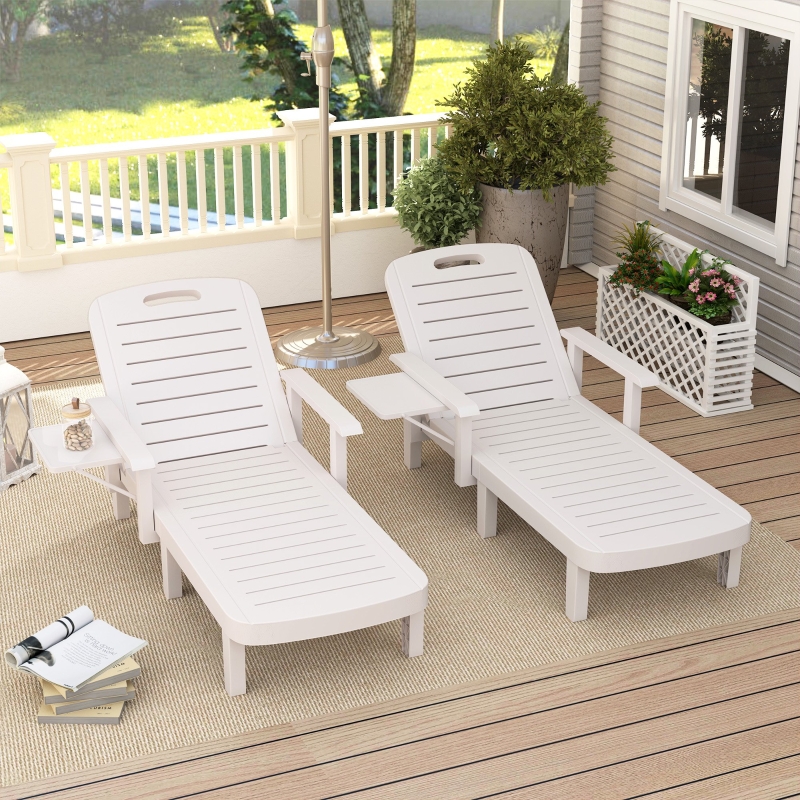 Best Set of 2 Resin Reclining Sun Loungers for Garden, 5 Positions Adjustable Outdoor Chaise Lounge Chairs with Wood Texture Surface, Armrests, Foldable Side Table for Garden, Beach, White - Image 10