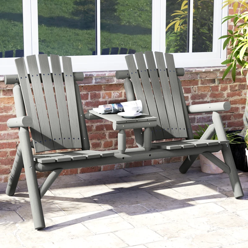 Best Wood Patio Chair Bench 2 Seats w/ Centre Coffee Table, Garden Bench, Grey - Image 2