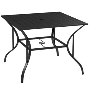Best 94 x 94 cm Garden Table with Parasol Hole, Outdoor Dining Garden Table for Four with Slatted Metal Plate Top, Black