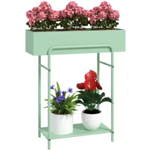 Best 2 Tier Plant Stand, Metal Plant Rack Shelf with Drain Holes, Floor-standing Flower Pot Stand for Indoor Outdoor Garden Patio Balcony Living Room, Green