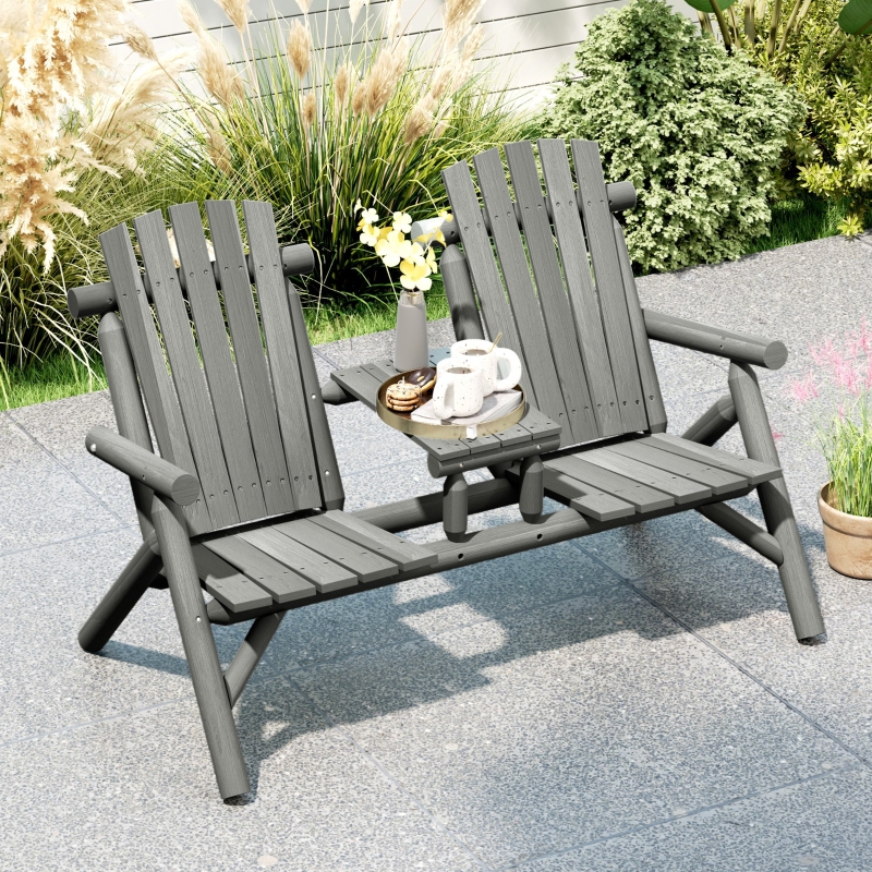 Best Wood Patio Chair Bench 2 Seats w/ Centre Coffee Table, Garden Bench, Grey - Image 10