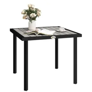 Best Square Garden Dining Table with 5.4cm Parasol Hole, Slatted Top, Metal Frame, 86 x 86 x 71 cm, Light Grey