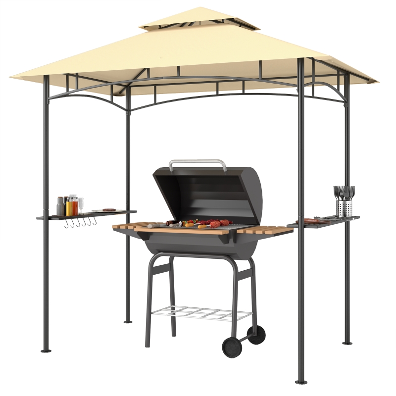 Best 8' x 5' Grill Gazebo, Double Tiered BBQ Gazebo Shelter Canopy with LED Lights, 2 Side Shelves, Hooks, Beige - Image 11