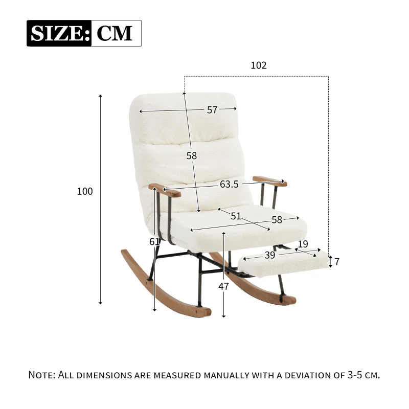 Fabric Tufted Boucle Armchair with Metal Legs, Wooden Base, High Back Rocking Chair for Living Room, Bedroom, 63.5x102x100 cm, White - Image 3