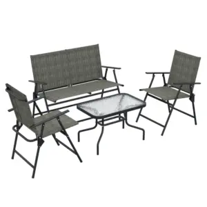 Best Outdoor 4 Pieces Patio Furniture Set with Breathable Mesh Fabric Seat & Backrest, Garden Set with Two Foldable Armchairs, a Loveseat & Glass Top Table, Mixed Brown