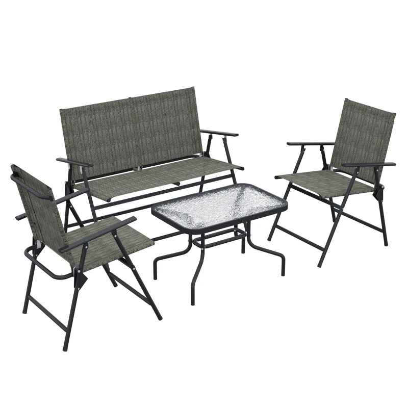 Best Outdoor 4 Pieces Patio Furniture Set with Breathable Mesh Fabric Seat & Backrest, Garden Set with Two Foldable Armchairs, a Loveseat & Glass Top Table, Mixed Brown