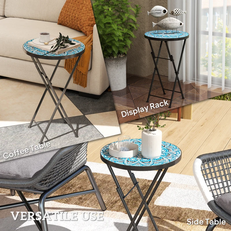 Best Mosaic Outdoor Garden Table, 35.5cm Round Folding Coffee Table with Metal Frame for Balcony Terrace, Blue - Image 7
