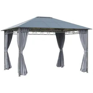 Best 3 x 3.6m Hardtop Gazebo Canopy with Polycarbonate Roof, Permanent Pavilion Garden Gazebo with Curtains for Patio, Deck, Grey
