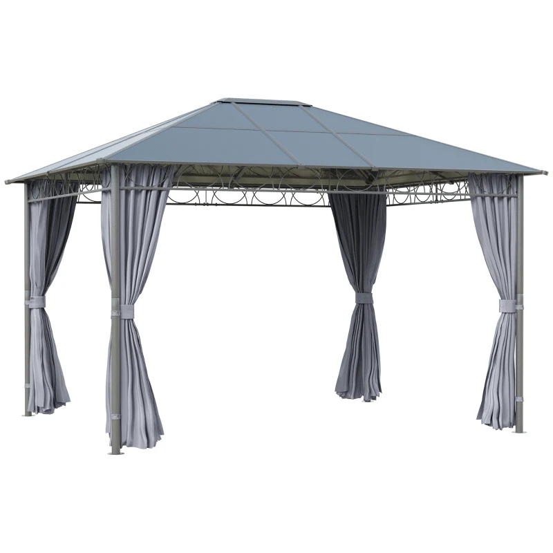 Best 3 x 3.6m Hardtop Gazebo Canopy with Polycarbonate Roof, Permanent Pavilion Garden Gazebo with Curtains for Patio, Deck, Grey