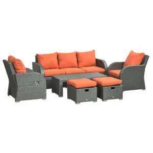 Best Six-piece Outdoor Rattan Dining Set, Outdoor Sofa Set with Reclining Armchairs and Mental Frame, Orange