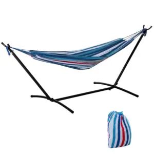 Best 298 x 117cm Hammock with Stand Camping Hammock with Portable Carrying Bag, Adjustable Height, 120kg Load Capacity, White Stripe