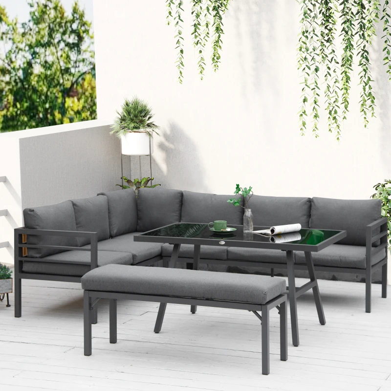 Best 4 Piece L-shaped Garden Furniture Set 8-Seater Aluminium Outdoor Dining Set Conversation Sofa Set w/ Bench, Dining Table & Cushions, Grey - Image 2