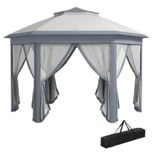 Best 3 x 4m Metal Frame Hexagon Gazebo, with Curtains - Grey