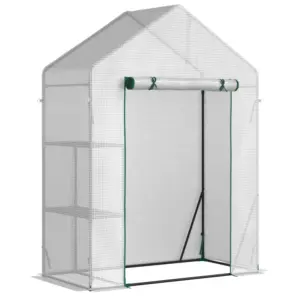 Best Walk In Greenhouse with 2 Tier Shelf, Portable Gardening Plant Grow House with Roll up Zip Panel Door, Reinforced PE Cover, 143 x 73 x 195cm, Green