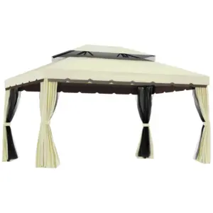 Best 4 x 3 m Aluminum Garden Gazebo, Double Roof Outdoor Gazebo Canopy Shelter with Netting & Curtains for Garden, Lawn, Backyard and Deck, Cream