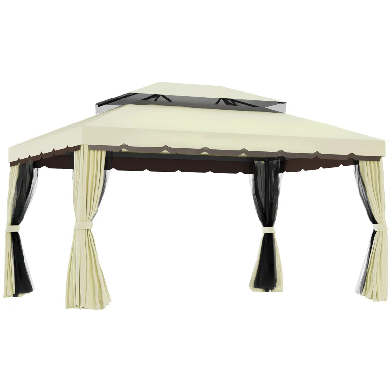 Best 4 x 3 m Aluminum Garden Gazebo, Double Roof Outdoor Gazebo Canopy Shelter with Netting & Curtains for Garden, Lawn, Backyard and Deck, Cream