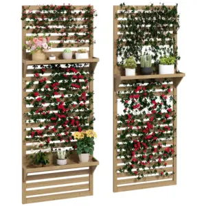 Best Wall Mounted Plant Stands Set of 2, Fir Wood Flower Stand with Shelves and Slatted Trellis for Patio, Balcony, Porch
