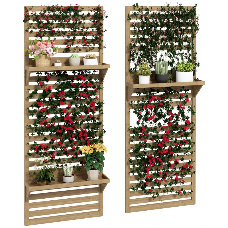 Best Wall Mounted Plant Stands Set of 2, Fir Wood Flower Stand with Shelves and Slatted Trellis for Patio, Balcony, Porch