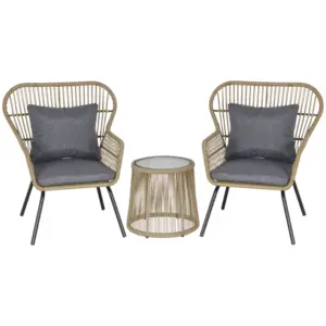 Best 3 Pieces Rattan Bistro Set, Wicker Garden Furniture Set with Cushions, Glass Top Coffee Table and Chairs for Outdoor, Patio, Balcony, Brown
