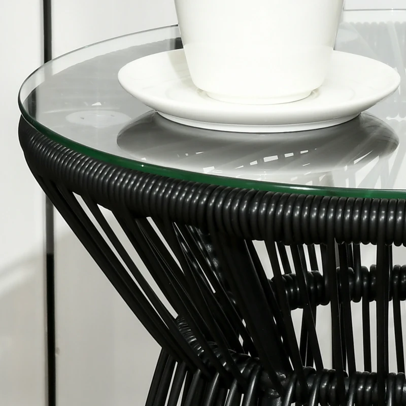 Best Round End Table, Rattan Side Table, Hollow Drum Design Coffee Table w/ Glass Tabletop for Patio, Garden, Balcony Black - Image 7