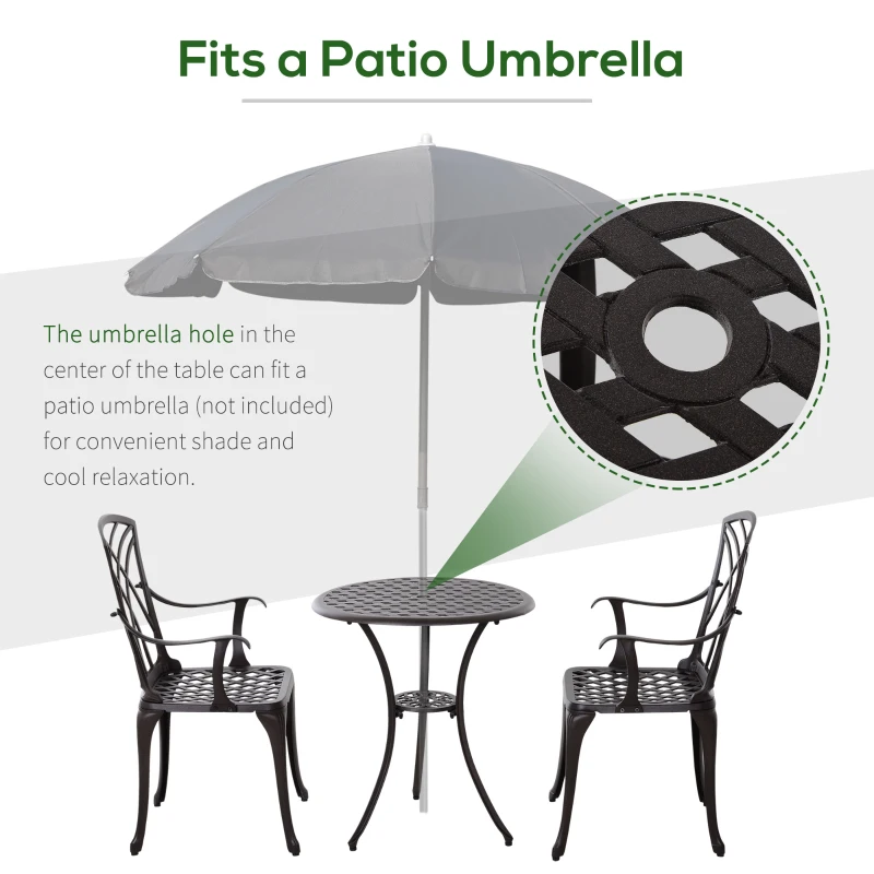 Best 3 Pieces Garden Dining Set for 2, Cast Aluminium Outdoor Dining Set with 2 Armchairs and Round Dining Table with Parasol Hole, Garden Furniture Set, Brown - Image 6
