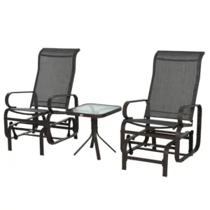 Best 3 Pieces Garden Gliding Chair Set, Metal Frame 2 Single Armchair Swing Seater and 1 Glass Top Coffee Table w/ Breath Mesh Fabric Seat, Brown